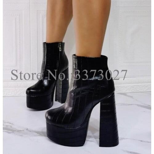 New Woman Ankle Boots Sexy Black Snakeskin Leather Chunky Heel Platform Boots Fashion Female Large Size Banquet Shoes Dropship