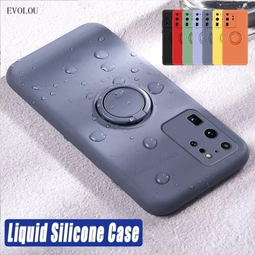 For Samsung S21 Ultra S20 FE Fan Edition 5G Liquid Silicone Shockproof Phone Case For Samsung S20 Plus Ring Stand Holder Cover