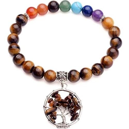 FYJS Unique Silver Plated Tree of Life 7 Colors Round Beads Healing Chakra Bracelet with Tiger Eye Stone