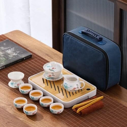Ceramic Teapot One Pot Four Cup Outdoor Travel Kung Fu Teapot With Bag Travel Cup Set Gift Tea Set Chinese Landscape Painting