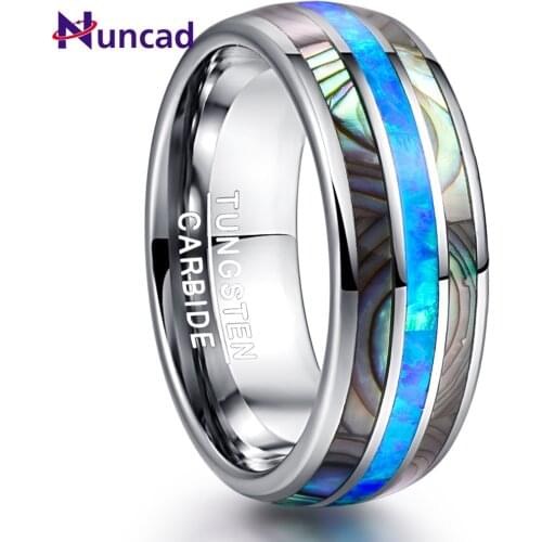 8MM Wide Inlaid Shells Blue Opal Tungsten Steel Mens Rings Never Fade Engagement Ring Free Shipping No Minimum Order Jewelry