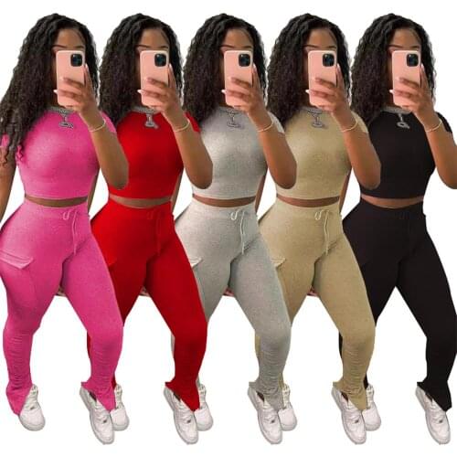 2 Pieces Tracksuits O Neck Short Sleeve Skinny T Shirt Crop Tops High Waist Drawstring Split Long Pants Side Pocket Jogger Sets