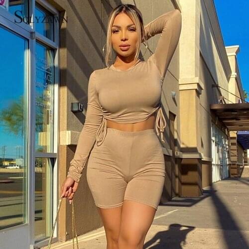 Casual Women Two Piece Sets Fashion Drawstring Active Wear Tracksuit Crop Top and Bike Shorts Matching Set Sporty Autumn Outfits