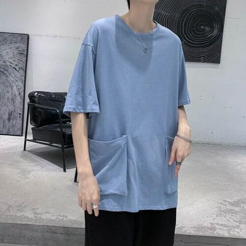 2021 Summer Solid Shirts Big Pocket Loose Short Sleeve T-shirt Men Student Daily Tees O-Neck Casual Tops T Shirt Men Clothing