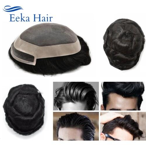 Mens Toupee Fine Mono Human Hair All Hand Tied Mono Hairpiece Medium Density Durable Black Hair Replacement System P1-3-5 Wigs