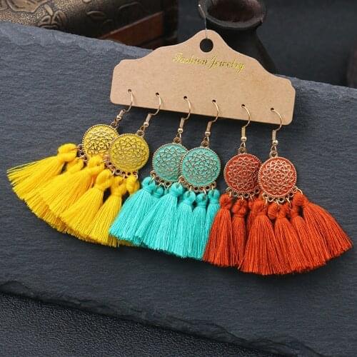 Vintage Long Tassel Earrings Set Women Brincos Flower Alloy Fabric Earring 2020 Handmade Bohemian Jewelry