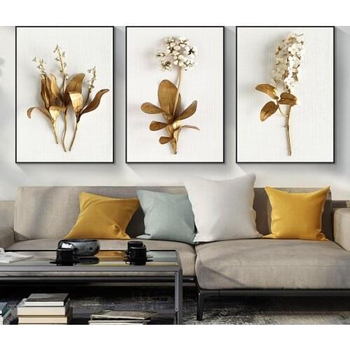 Golden Plant Leaves and Flowers Wall Art Canvas Painting Nordic Posters Prints Wall Pictures Living Baby Kids Room Decoration