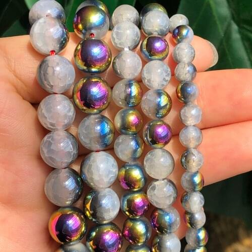 Natural Sonw Cracked Dragon Fire Agates Stone Purple Multicolor Metallic Coated Beads Loose Bead for Jewelry Making DIY Bracelet