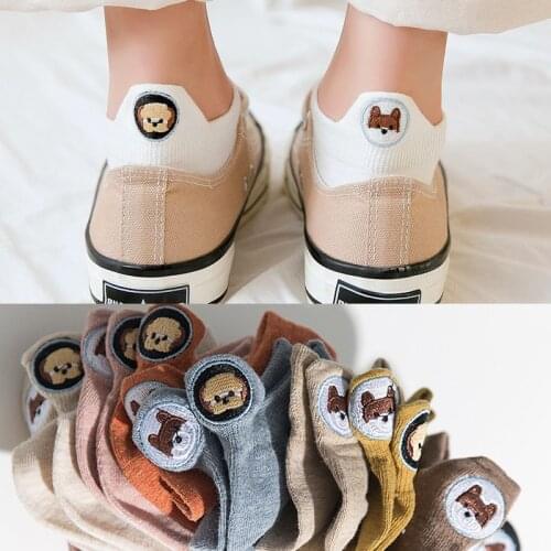 5 Pairs Women Socks Pack Dog Embroidered Candy Color Cotton Hip-Hop Sox Kawaii Cute Fashion Ankle Socks Cartoon Casual Animal
