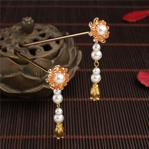 Chinese Style Ancient Costume Hair Sticks Women Flower Pendant Pearl Tassel Crystal Hair Chopsticks Bridal Hair Accessories
