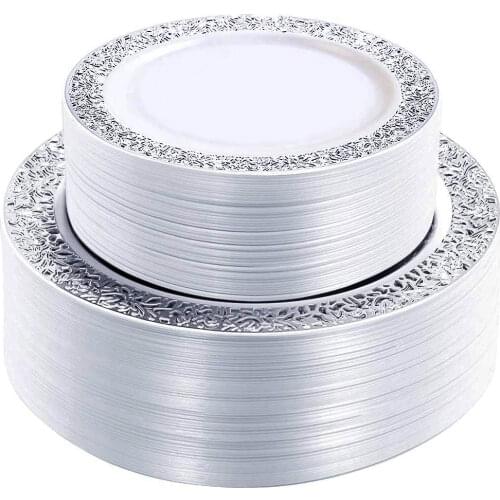 Plastic Party Plates White with Silver Lace Design Premium Heavy Duty Disposable Dinner Plates salad Dessert plates for party