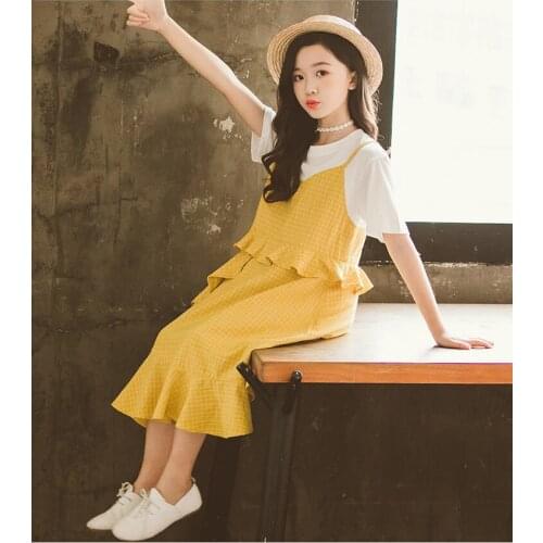 Girls dress summer new big children loose version princess dress childrens foreign cotton fake two-piece comfortable and