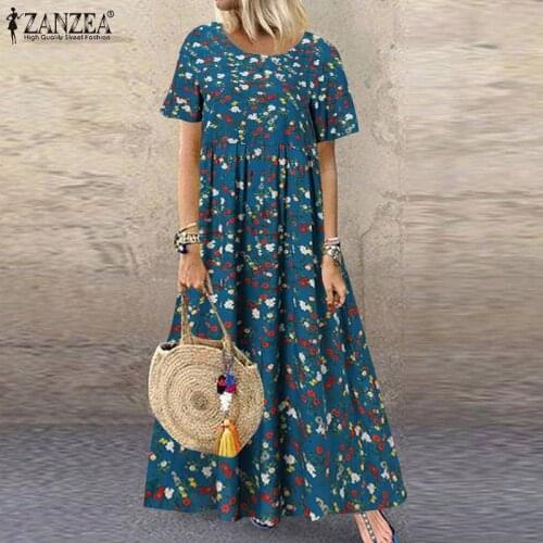 Bohemian Floral Printed Dress Women Summer Short Sleeve Maxi Sundress ZANZEA 2021 Vintage Oversized Loose Casual Beach Vestido 7