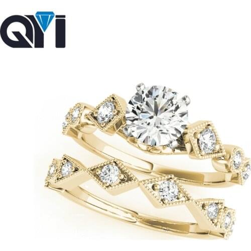 QYI Two Tone Solitaire 14K Engagement Ring Sets Solid 14K Yellow Gold Round Cut 0.5ct Simulated Diamond Womens Wedding Ring