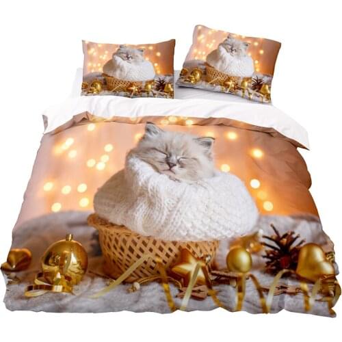 Christmas Lights And Cat Pattern Duvet Cover 150x200 Pillowcase 3Pcs,220x240 Quilt Cover,Blanket Cover , King Size Bedding Set