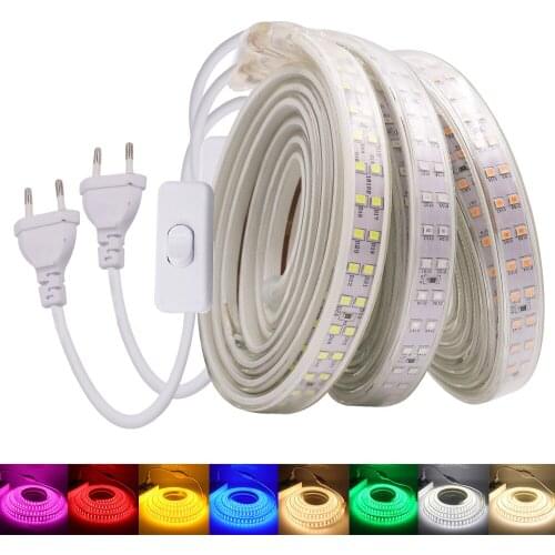 LED Strip Lights 220V SMD2835 180Leds/m Double Row Flexible Ribbon Lamp With EU UK Switch Plug Waterproof Rope Tape Decor