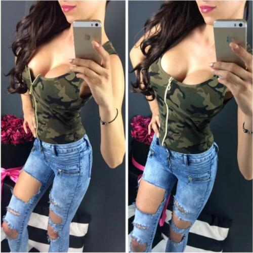 Sleeveless Slim Vest Women Sexy Camo Camouflage Tank Tops O-Neck Ladies Casual Zipper Summer Tops Plus Size Tshirts 2021