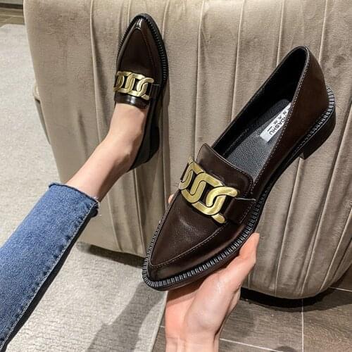 British Metal chain small leather shoes women oxfords sneakers derbies shallow pointed toe thick heels loafers ladies flats 2021