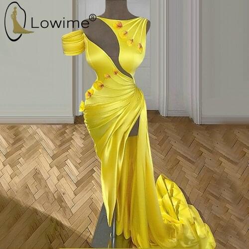 One Shoulder Yellow Mermaid Evening Dresses with High Side Split Satin Evening Gowns Sexy Party Night Dresses