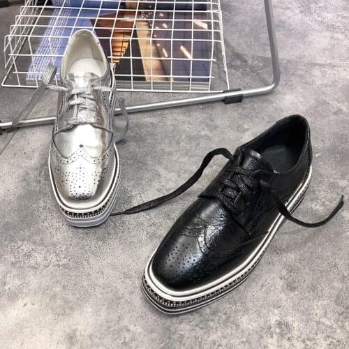 Spring British style retro square head hollow carved Brock womens shoes leather platform womens casual shoes