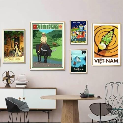 Vietnam Water Market Hoi an Yellow City Travel Canvas Paintings Vintage Wall Kraft Posters Coated Wall Stickers Home Decor Gift