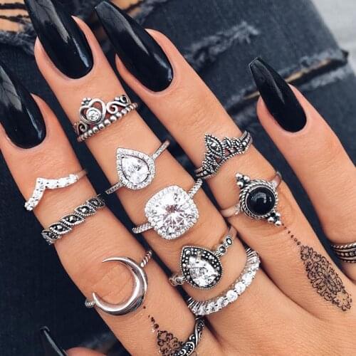 Vintage Women Crystal Finger Knuckle Rings Set For Girls Moon Lotus Charm Bohemian Ring Fashion Jewelry Gift, A Drop Shipping
