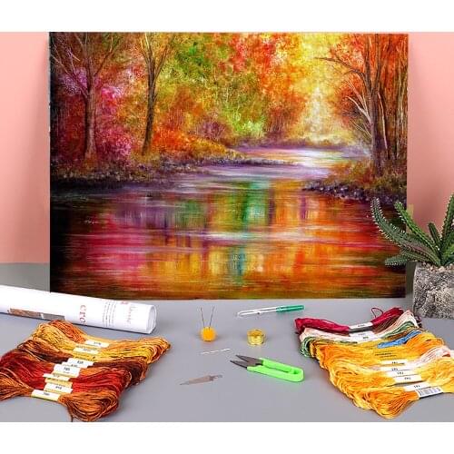 Natural Scenery Reflection Pre-Printed 11CT Cross Stitch Embroidery Complete Kit DMC Threads Hobby work Knitting Promotions
