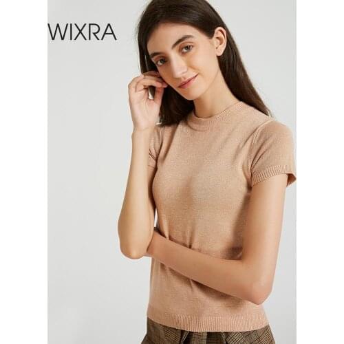 Wixra Women Basic Short Sleeve Soft Sweaters O-Neck Soft Slim Elasticity Pullovers Solid Color Shiny Knitted Tops Summer Autumn