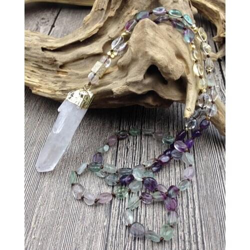 YA2830 Natural Quartz Pendant Fluorite Quartz Irregular Nugget Beads Knot Handmade Necklace