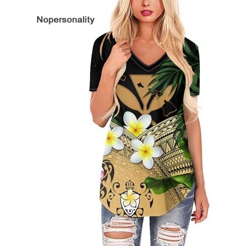 Nopersonality Womens T-shirt Polynesian Tribal Hawaiian Hibiscus Print New V-neck Tops Tee Breathable Clothes 2021 New