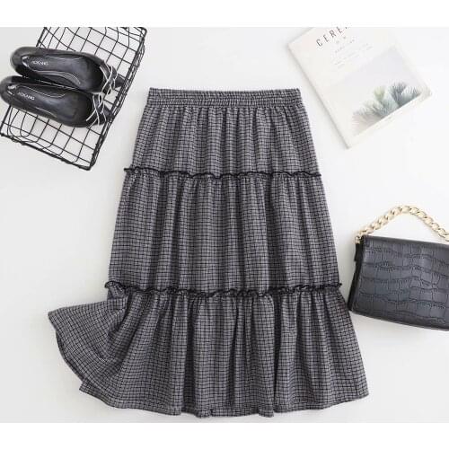 Plus size Mid-length Womens skirts suits 2021 Casual summer blue Brown plaid cotton high wais skirt women