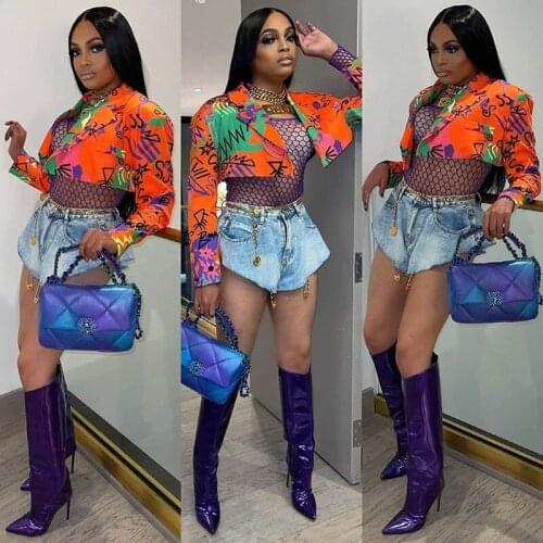 Women Blazers Print Full Sleeve Notched Collar Straight Short Open Stitch Fashion High Streetwear Autumn Clothing 2021