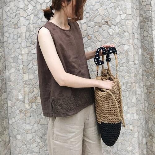 Womens loose and slim famous ethnic style embroidery art large cotton linen vest 2020-04