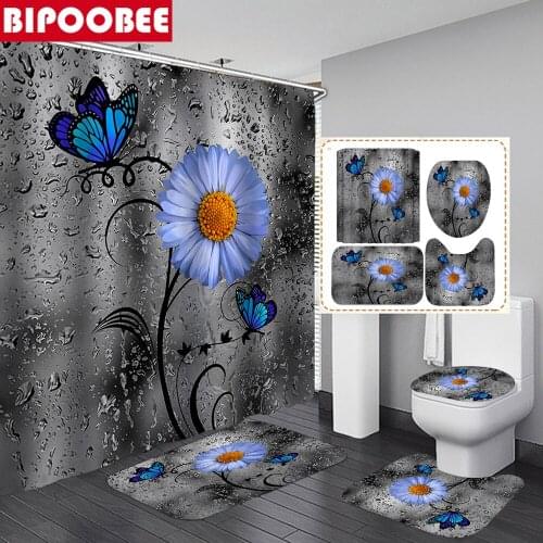 Water Droplets Blue Butterfly Flowers 3d Shower Curtain Toilet Cover Rug Carpets Non-slip Kitchen Bath Mat Bathroom Decoration