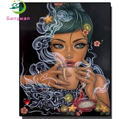Diamond painting cartoon girl drink tea\coffee diamond embroidery full drill fruit view mosaic rhinestone puzzle painting decor