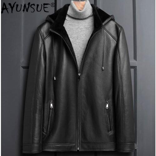 AYUNSUE Mens Leather Jacket Winter Real Fur Coat Genuine Leather Sheepskin Jacket Hooded Shearling Jacket Men LSY1102 KJ3822