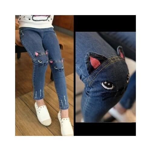 Hot Quality 2018 Girls Jeans for Spring and Autumn Childrens Clothing Kids Cat Embroidered Jeans 2-8 Ages Blue girl jeans kids