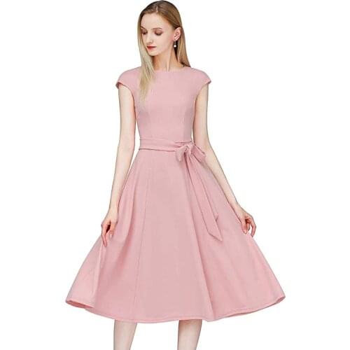 FEECOLOR Ladies Round Neck Sleeveless Bow Tie Belt Dress Prom Swing Cocktail Party