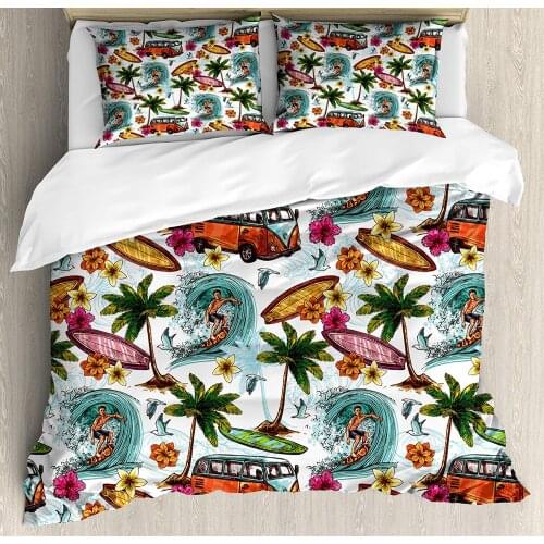 Ocean Duvet Cover Set Hawaiian Surfer on Wavy Deep Sea Retro Style Palm Trees Flowers Surf Boards Print Decorative 3 Piece Bed