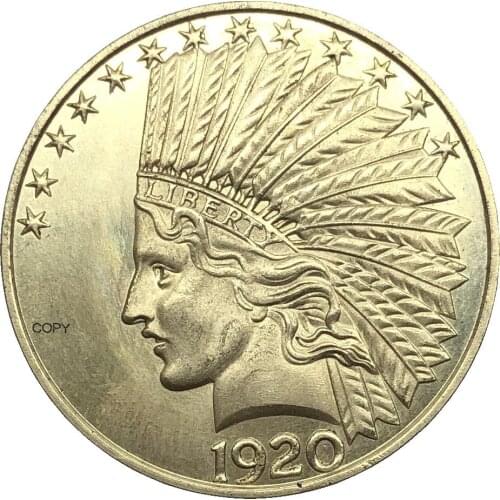 United States America 1920 S Ten USA 10 Dollars Liberty Indian Head Eagle With Motto GOD WE TRUST Gold Brass Metal Copy Coins