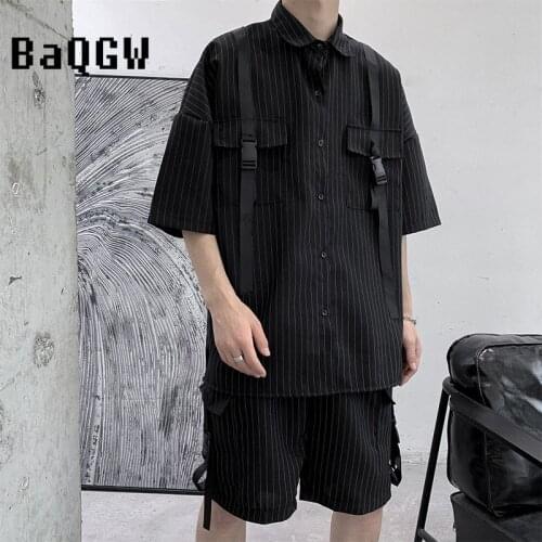 Hip Hop Striped Matching Suit Mens Hot Single Breasted Short Sleeved Shirt with Shorts Summer Casual Two Piece Suit with Pocket