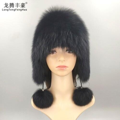 Hot Sale Natural Silver Fox Fur Hat Women Winter Knitted Cap Women Hat Fox Fur Bomber Hat Female Ear Warm Winter Must