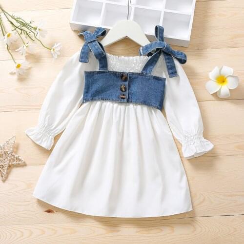 2Pcs Fashion Kids Girls Autumn Dresses Outfits Solid Color Off-Shoulder Lantern Sleeves Dress+Denim Strappy Vest 2PCS for Girls