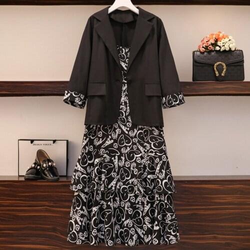 L-4XL Spring Autumn Ladies Fashion New Chiffon Lapel Button Shirt Blazer + Round Neck Pleated Floral Sling Dress Two-Piece Suit