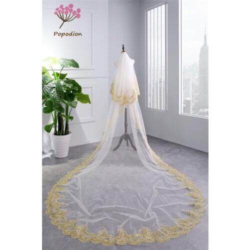 Popodion golden lace 3.5m length 1.8m width cathedral wedding veils bridal veil with comb wedding vail accesories women WAS10084