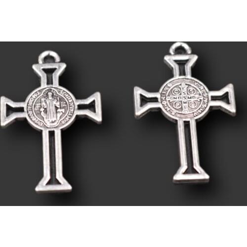 15pcs Silver Plated Hollow Saint Benedict Exorcist Cross Pendant DIY Charm Necklace Bracelet Jewelry Crafts Making 34*22mm M517
