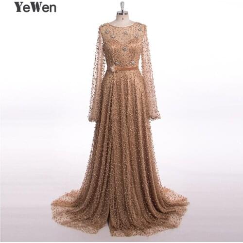 Luxury Diamond Pearls Sparkle Muslim Long Sleeves Crystal Formal Evening Dresses 2020 Coffee Women Elegant Party Gown Dress