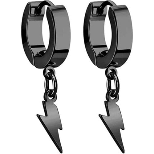 Punk hip hop stainless steel thunderbolt lightning hanging embracing hoop earrings gift for young men and girls earring korean
