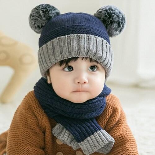Knitted Baby Hat Pompon Winter Children Hat Knitted Cute Cap For Girls Boys Casual Solid Color Girls Hat scarf two-piece