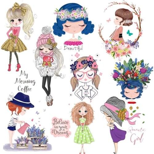 Cute Cartoon Girl Patches Heat Transfer Vinyl Iron-On Transfers For Clothing Little Girl DIY Fashion Thermal Stickers On Clothes